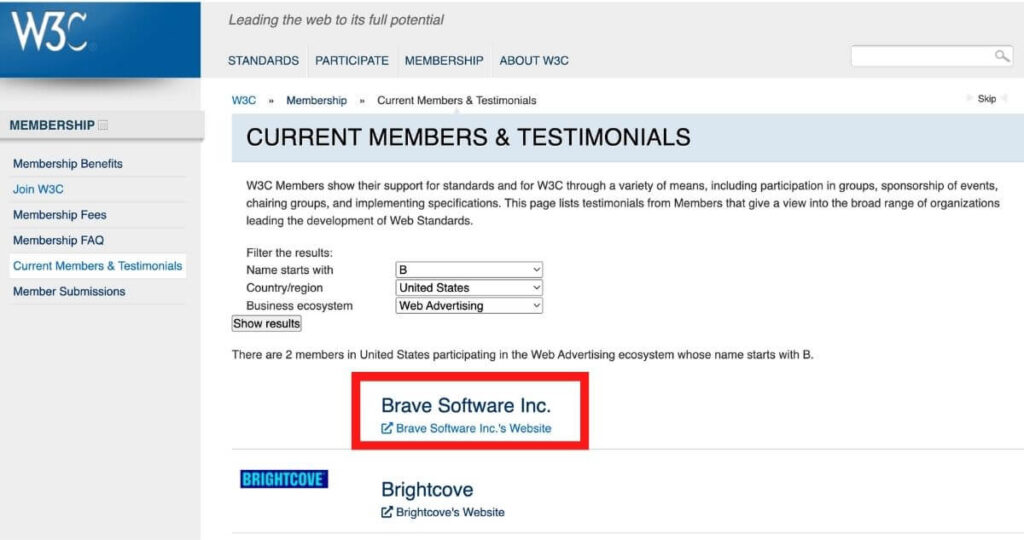 BraveブラウザがW3C参加証拠画像